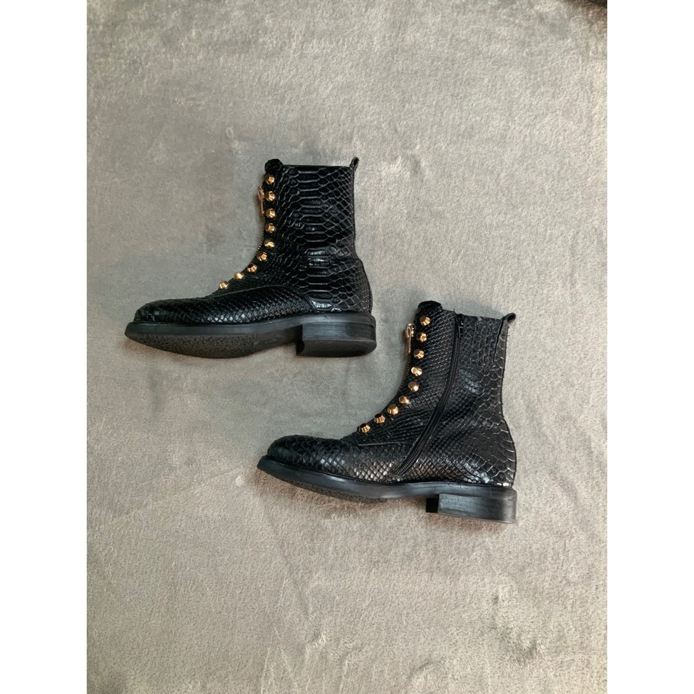 Jeffrey Campbell Black Snakeskin Embossed Gold Studded Front Zip Combat Boots 7 - Picture 5 of 7